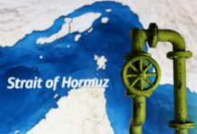 Map of the Strait of Hormuz with a green industrial valve symbolising oil flow and maritime control.