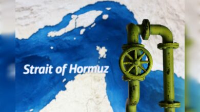 Map of the Strait of Hormuz with a green industrial valve symbolising oil flow and maritime control.