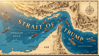 Map of the Strait of Hormuz showing Iran, US ships, and key locations amid geopolitical tensions.