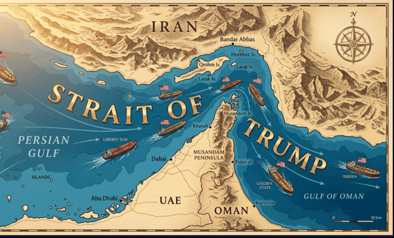 Map of the Strait of Hormuz showing Iran, US ships, and key locations amid geopolitical tensions.