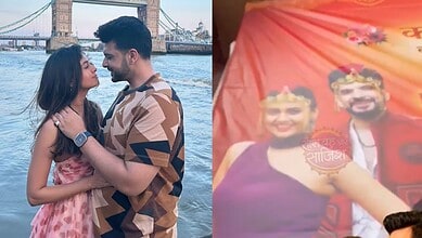 Couple Karan Kundrra and Tejasswi Prakash smiling and close together during wedding preparations.