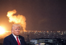 Donald Trump in foreground with large explosion over city skyline at night