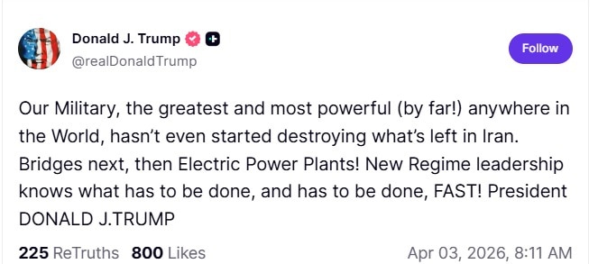 Screenshot of Donald J. Trump’s post warning of potential US military action against Iran, mentioning bridges and power plants as targets.
