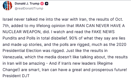 Screenshot of Donald Trump post on Iran nuclear stance and media criticism