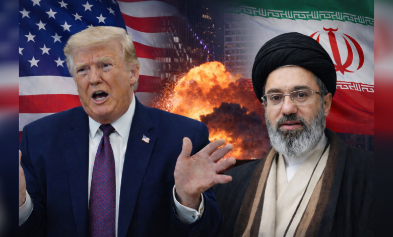 Donald Trump and Mojtaba Khamenei shown against US and Iran flags with explosion in background.