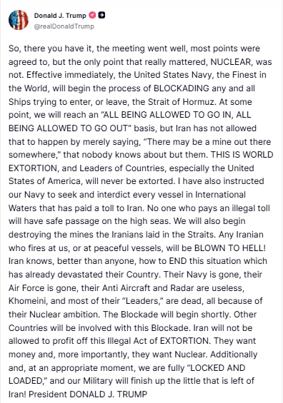Screenshot of Donald Trump’s post announcing plans to blockade the Strait of Hormuz.