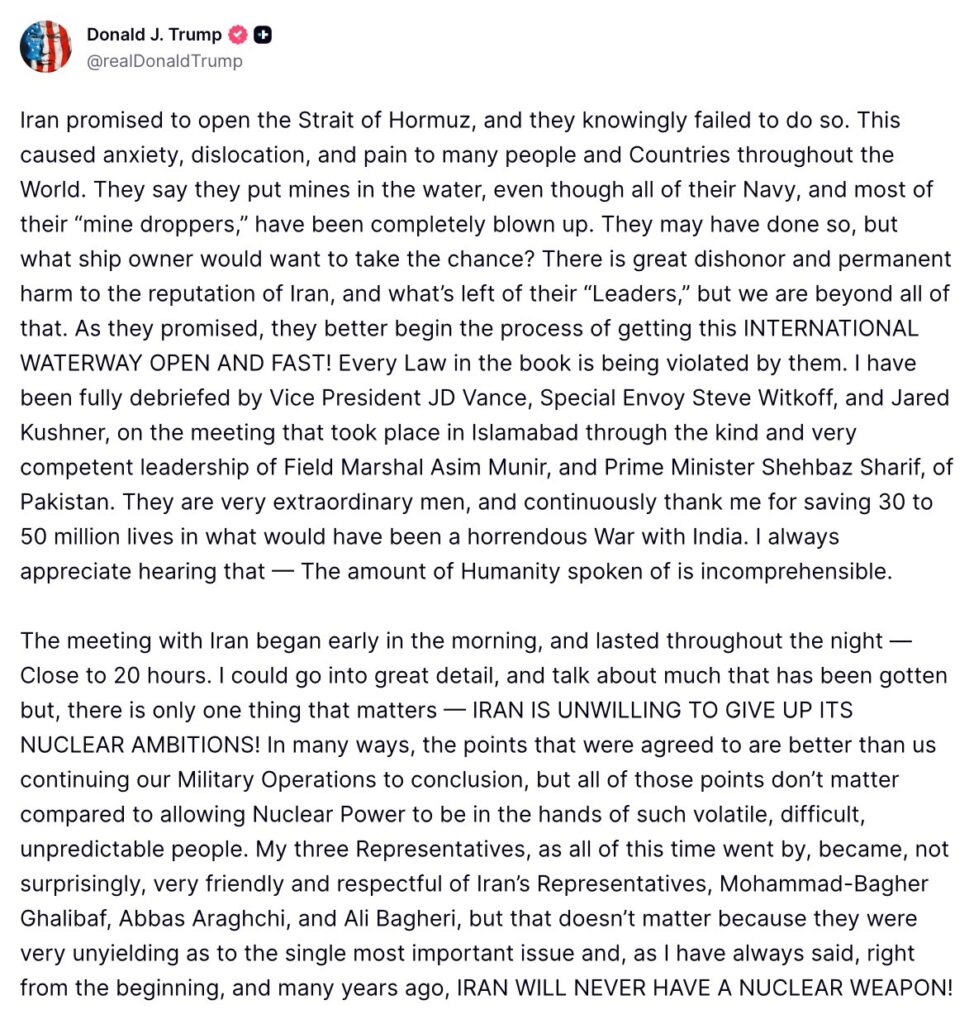 Screenshot of Donald Trump’s post on Strait of Hormuz and Iran talks