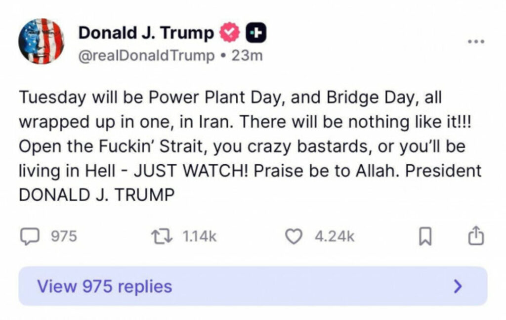Screenshot of Donald Trump’s social media post threatening Iran over Strait of Hormuz.