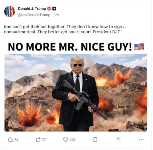 Screenshot of a social media post showing Donald Trump with text on Iran and an edited explosion background image.