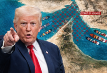 Donald Trump points as ships navigate the Strait of Hormuz amid tensions.