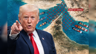 Donald Trump points as ships navigate the Strait of Hormuz amid tensions.