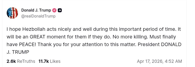 Screenshot of Donald Trump’s Truth Social post urging Hezbollah to act peacefully during ceasefire.