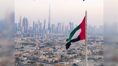 UAE flag flying with Dubai skyline and Burj Khalifa in the background.