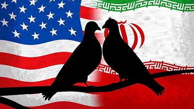 Illustration of two birds facing each other with Iran and US flags in the background.