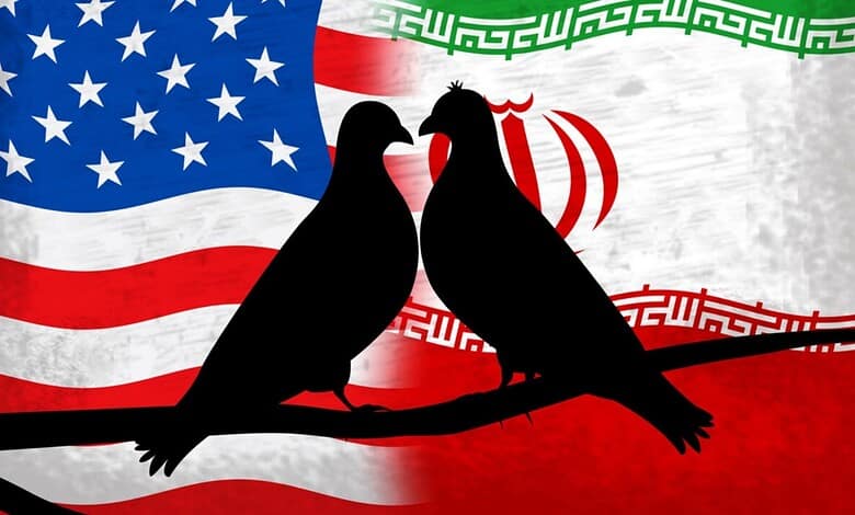 Illustration of two birds facing each other with Iran and US flags in the background.