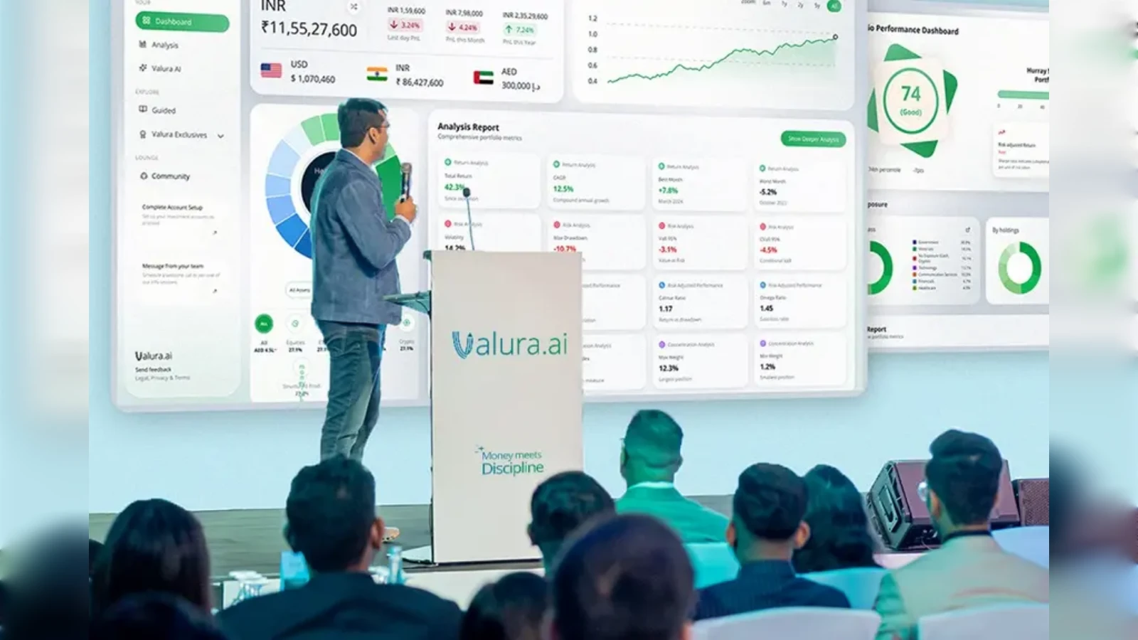 Valura.ai presentation showing AI-driven investment dashboard to audience.