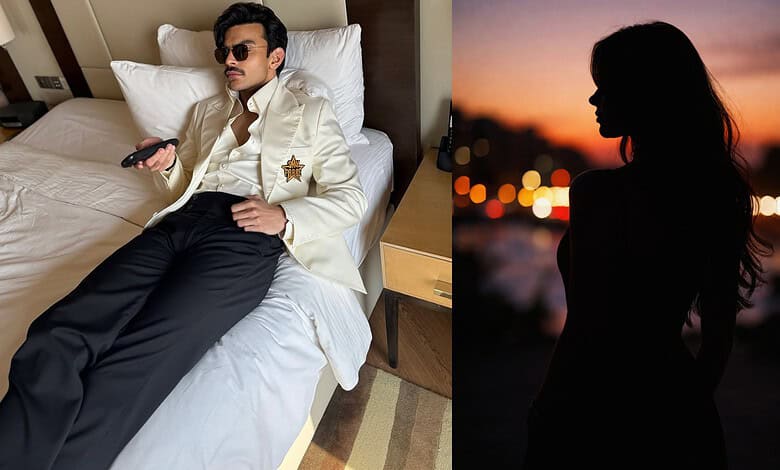 Veer Pahariya relaxing on a hotel bed, mystery girl silhouette at sunset in the background.