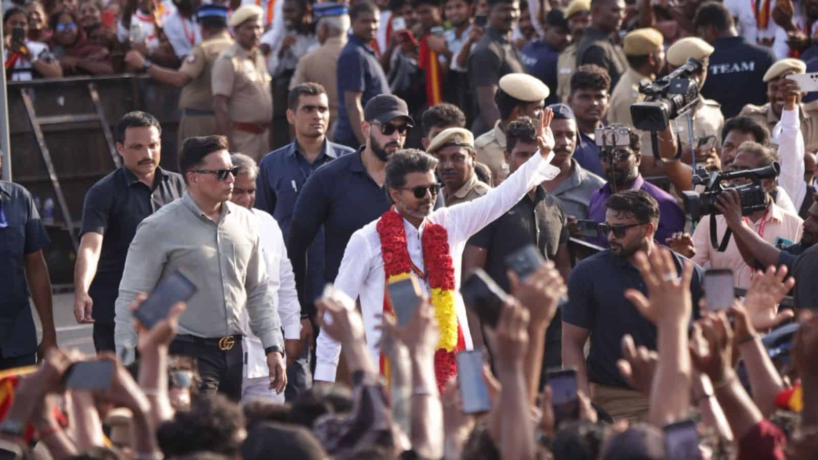 TVK Vijay at Tamil Nadu election rally, announcing crop loan waiver to farmers.