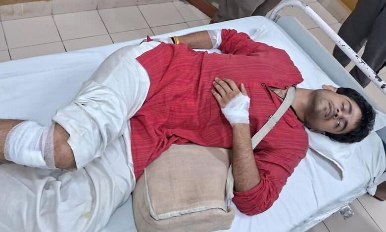 The image shows an ABVP activists injured in the violence between student groups which happened on HCU campus on Monday night, May 4, 2026.