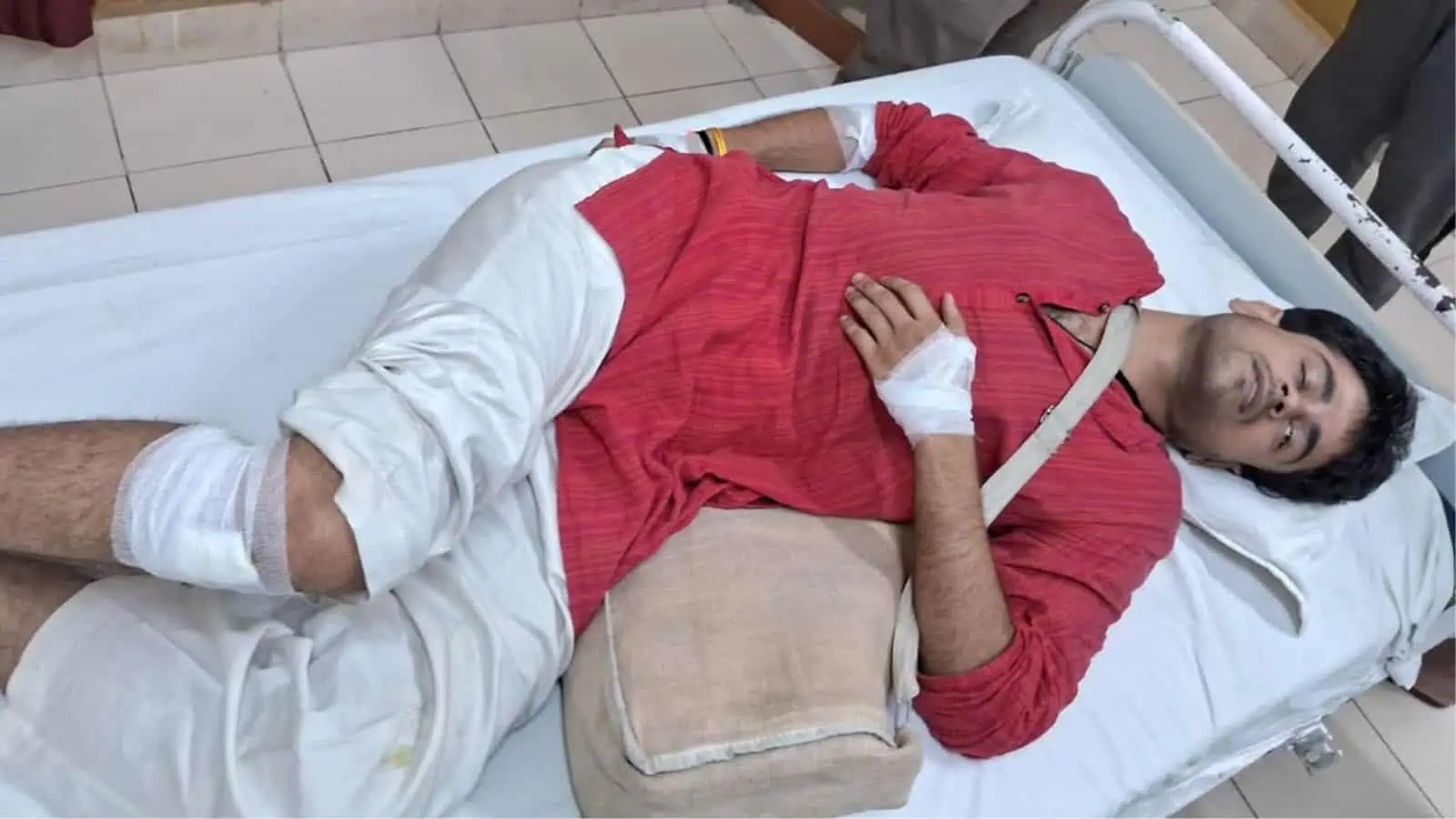 The image shows an ABVP activists injured in the violence between student groups which happened on HCU campus on Monday night, May 4, 2026.