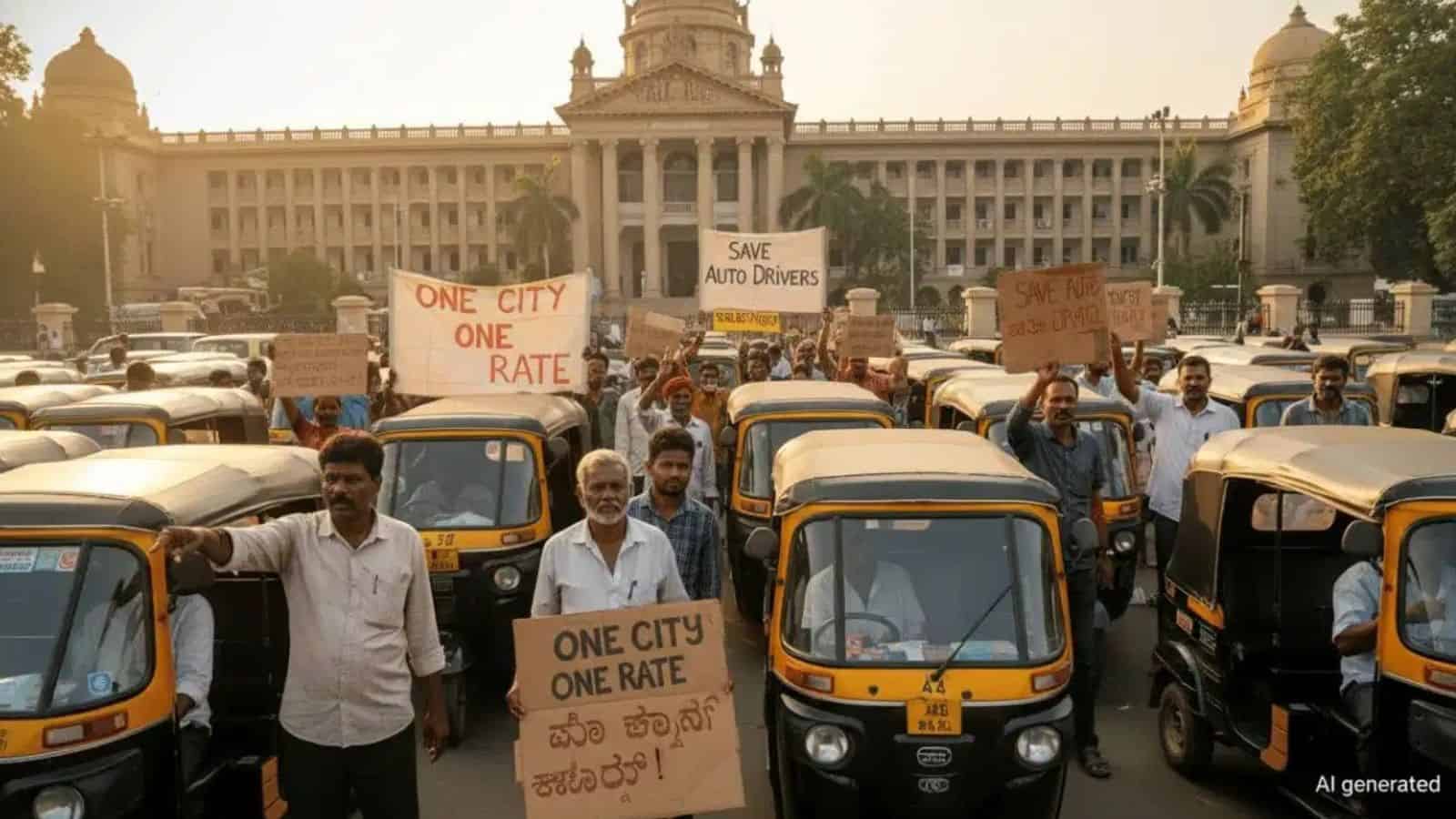 Auto rickshaw drivers protesting with signs in front of a government building, advocating for a city-wide.
