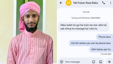 A young man wearing a pink turban and traditional attire, smiling confidently against a green background.