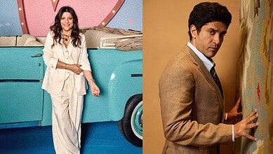 A woman in a white suit standing beside a retro turquoise car, smiling at the camera.