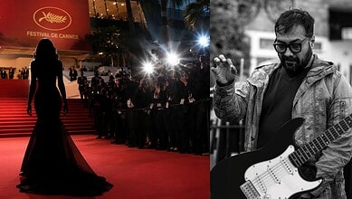 Festival de Cannes red carpet with a woman in a gown and crowd.