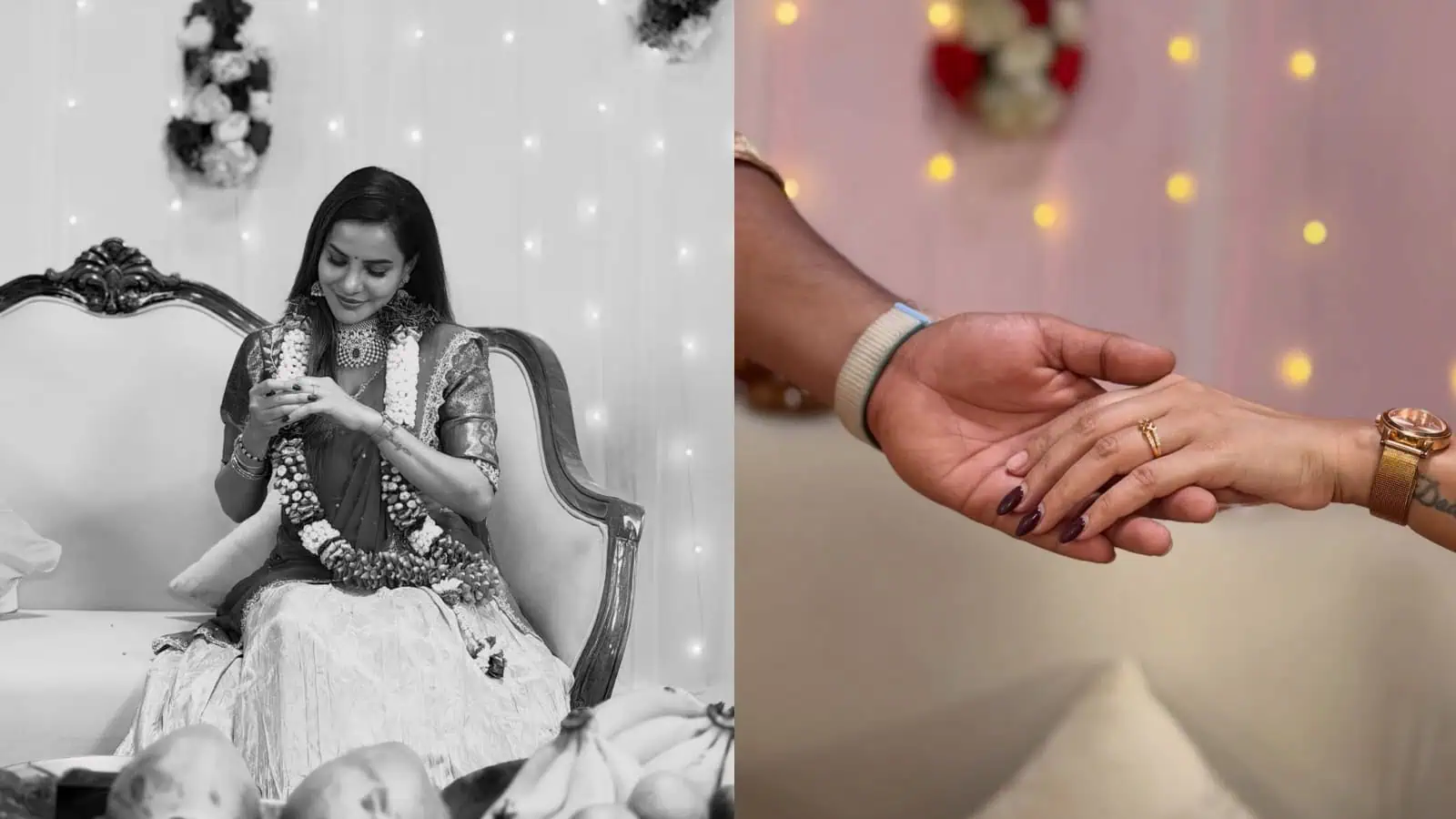 A young woman in traditional attire with a garland, sitting on a vintage sofa during an engagement celebr.