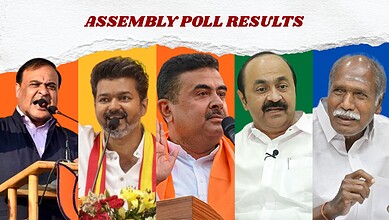 Assembly poll results showing political leaders and election outcome.