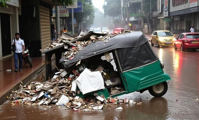 Flooded street with a damaged auto rickshaw and debris after heavy rain, causing disruption in urban traf.