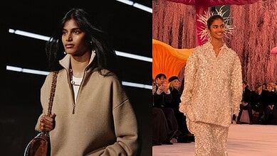 Hyderabad-origin model Bhavitha Mandava walking the runway at a Chanel fashion event.