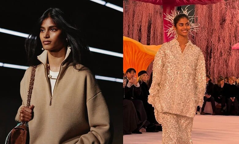 Hyderabad-origin model Bhavitha Mandava walking the runway at a Chanel fashion event.