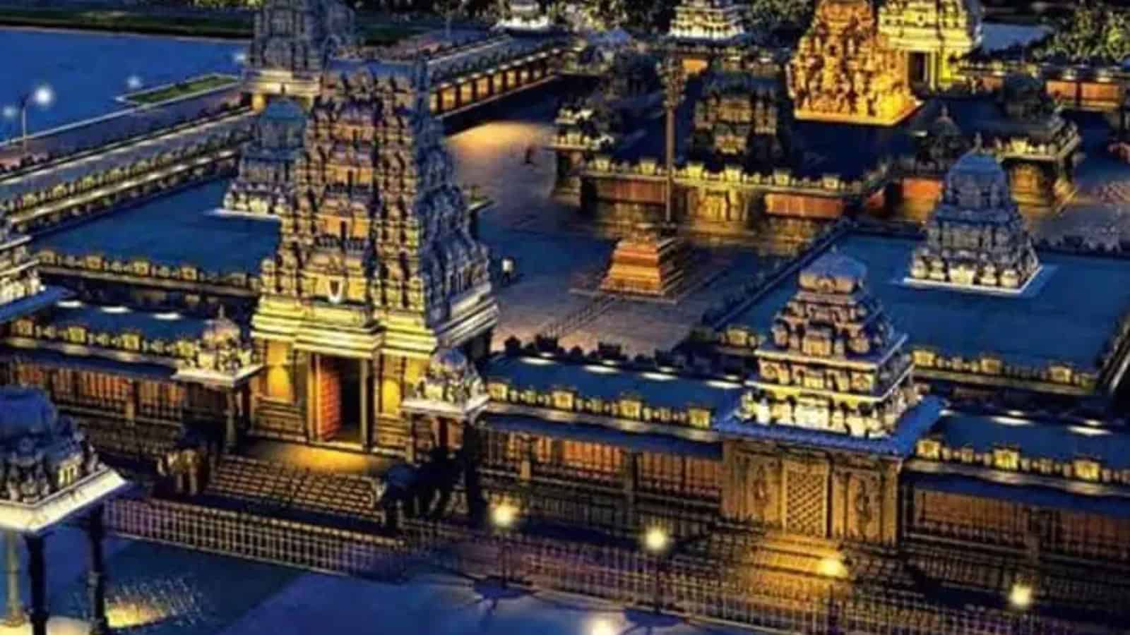 Ancient Hindu temple complex illuminated at night, showcasing detailed architecture and multiple temple s.
