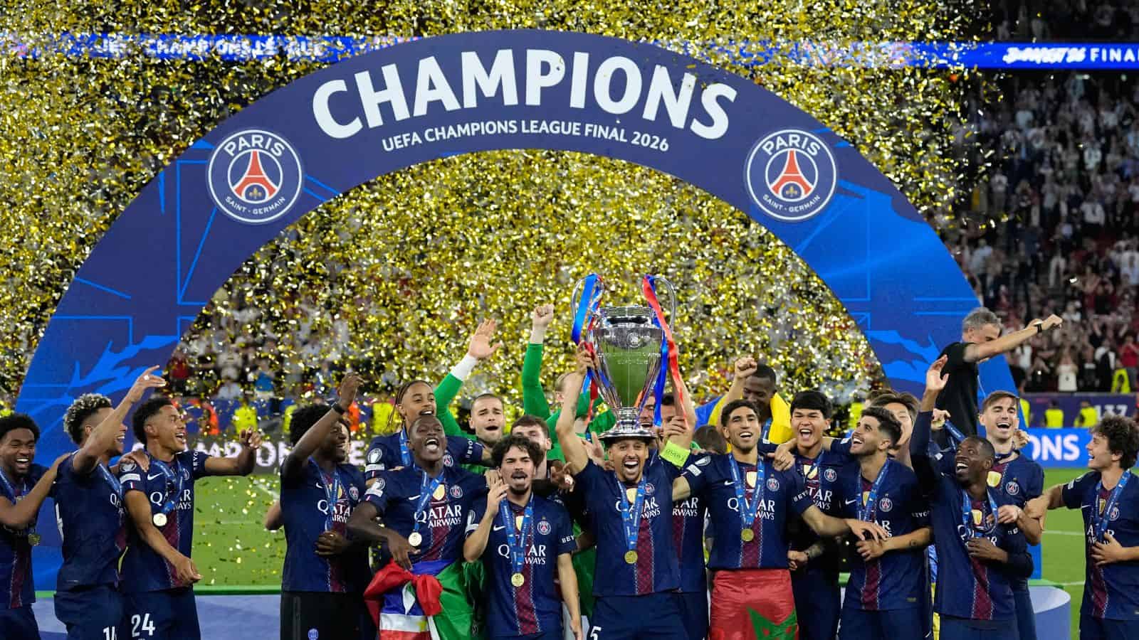 PSG players celebrating their UEFA Champions League Final 2020 victory with confetti and trophies.