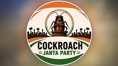 Celebrating Cockroach Janta Party logo with a cockroach mascot and political symbols in vibrant colours.