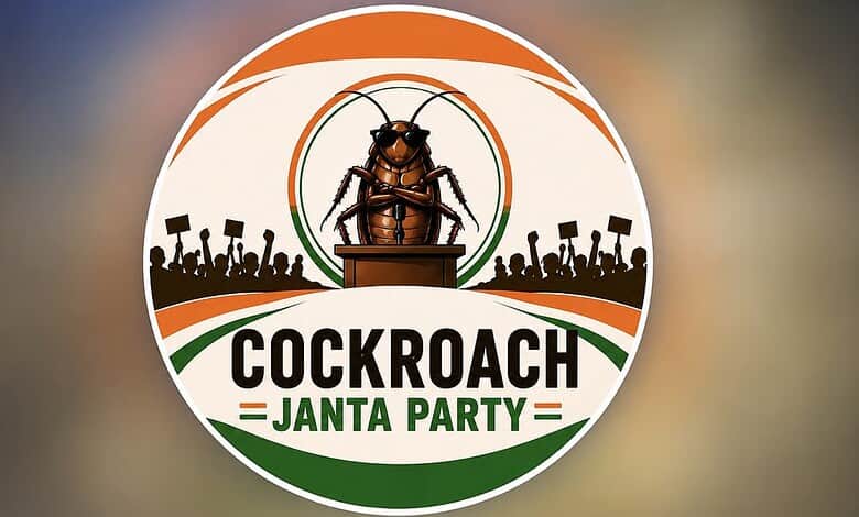 Celebrating Cockroach Janta Party logo with a cockroach mascot and political symbols in vibrant colours.