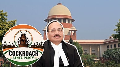 Indian politician in front of Supreme Court building during daytime, wearing black suit and white tie, wi.