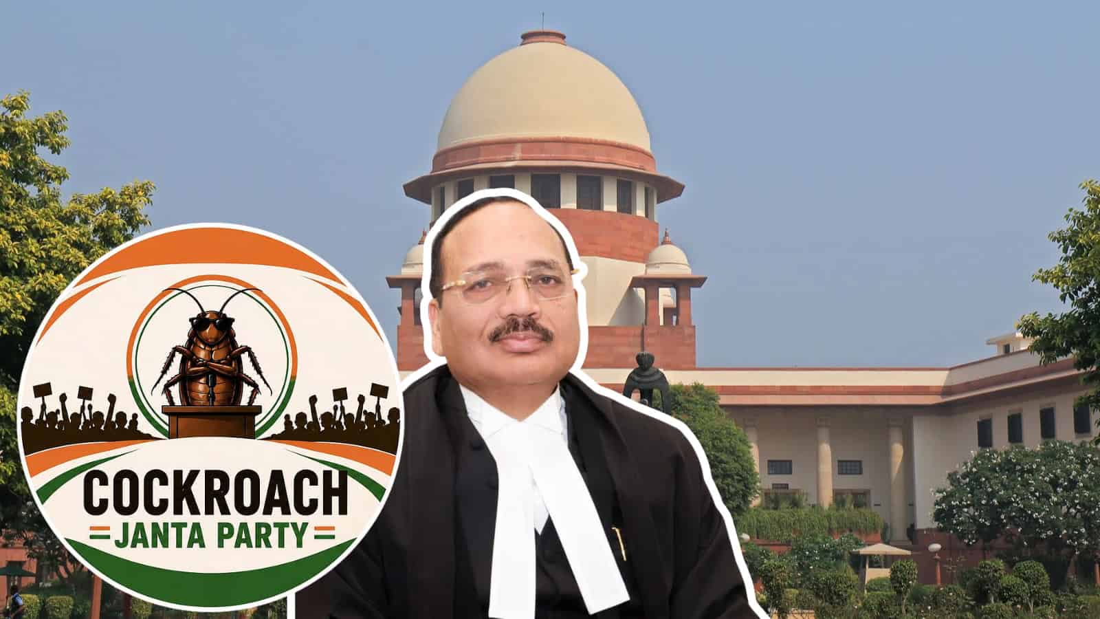 Indian politician in front of Supreme Court building during daytime, wearing black suit and white tie, wi.
