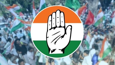 Congress candidates celebrating election victories among supporters with Indian flags.