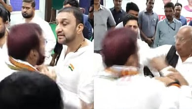 The image shows moments before Congress Karwan constituency in-charge Osman Al Hajri pushing Congress Nampally constituency in-charge Feroz Khan to the ground, and also Hajri charging at senior Congress leader V Hanumantha Rao on Wednesday, May 27, 2026.