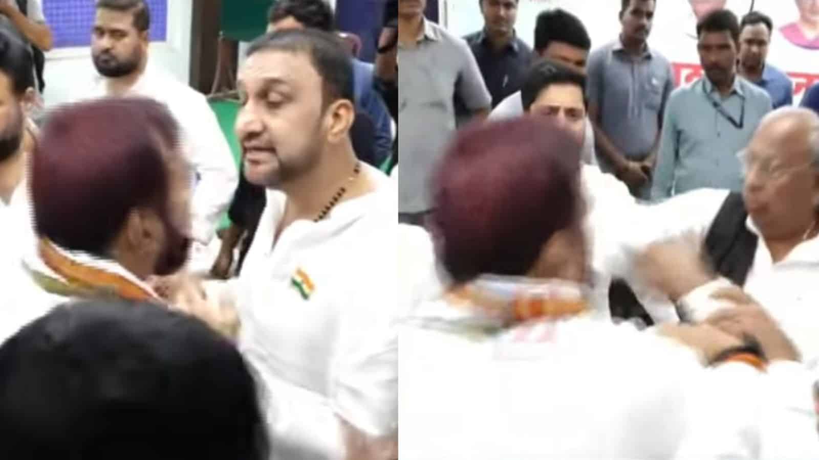 The image shows moments before Congress Karwan constituency in-charge Osman Al Hajri pushing Congress Nampally constituency in-charge Feroz Khan to the ground, and also Hajri charging at senior Congress leader V Hanumantha Rao on Wednesday, May 27, 2026.