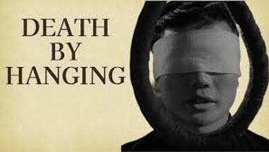 Illustration of a person with a hood over their head, symbolising the death penalty by hanging.