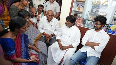 Telangana Deputy CM Bhatti meeting family members after CPRO Madhusudhan’s death.
