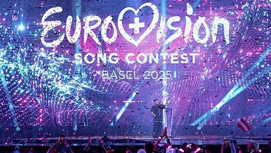Illustration of Eurovision 2025 Basel with vibrant lights and a presenter on stage.