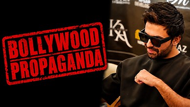 A man wearing sunglasses and black attire, with a "Bollywood Propaganda" stamp overlay, at a promotional.