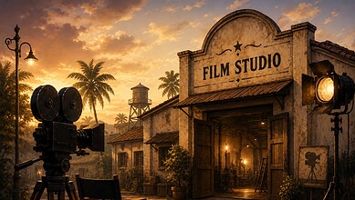 Vintage film studio entrance with old camera equipment and palm trees at sunset, evoking classic filmmaki.