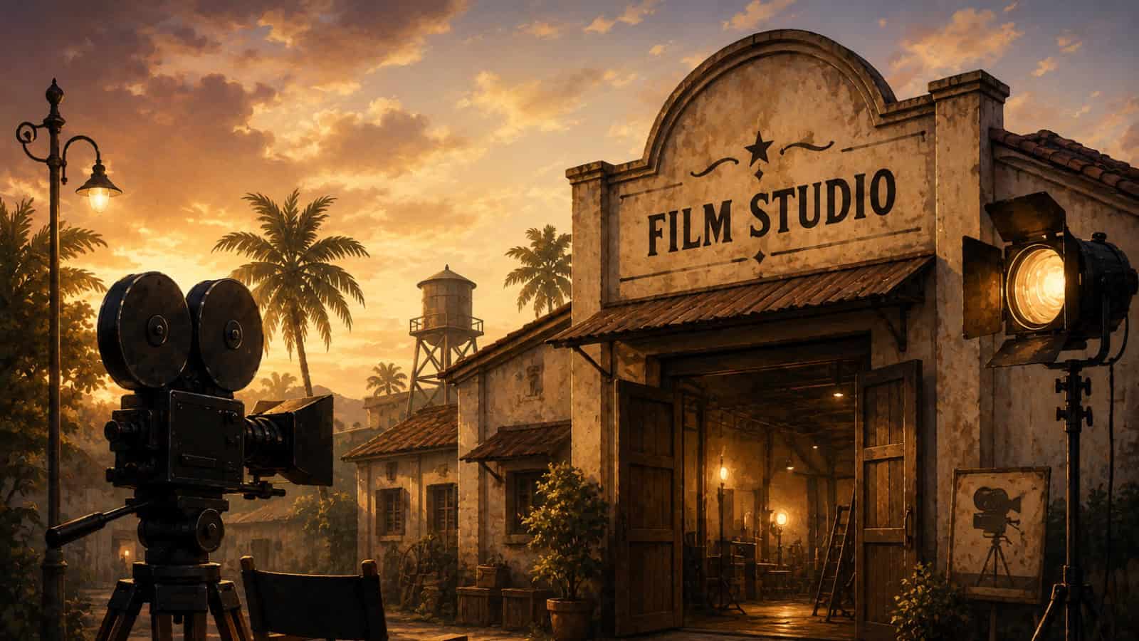 Vintage film studio entrance with old camera equipment and palm trees at sunset, evoking classic filmmaki.