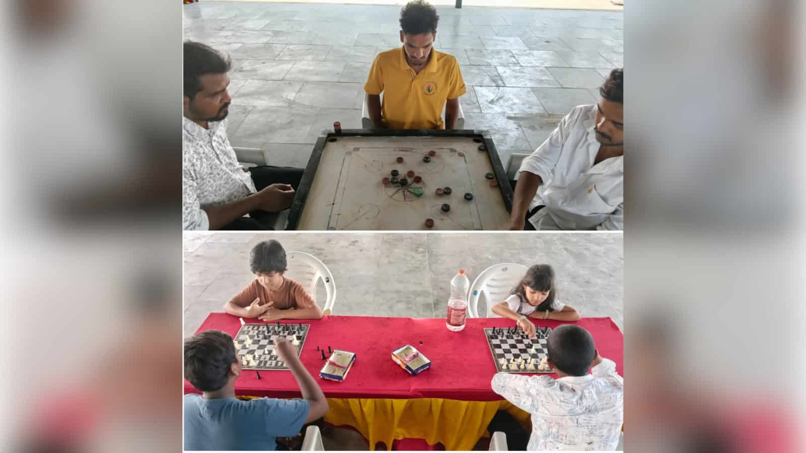 Children playing carrom and chess indoors, engaging in traditional board games for fun and skill developm.