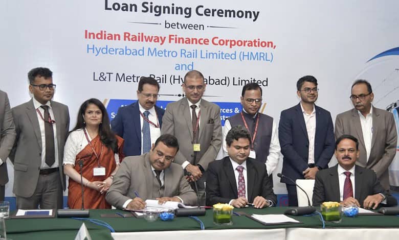 Officials at the loan signing ceremony between Indian Railway Finance Corporation and Hyderabad Metro Rai.